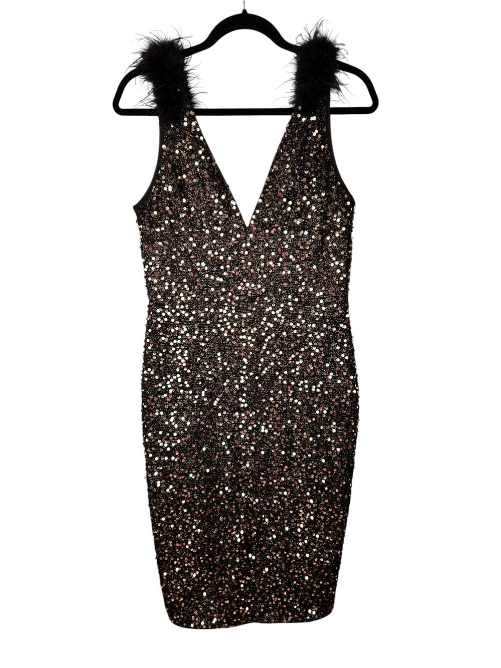 Sequin Feather-Trim Black V-Neck Cocktail Dress, XL Bodycon, Formal Event - Picture 3 of 9